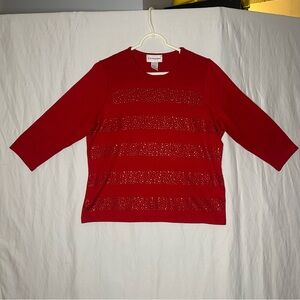 Cathy Daniels Petite M Womens Red 3/4 Sleeve Sparkle Rhinestone Pullover Top